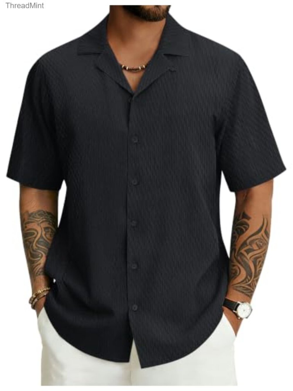 Men's Cuban Collar Short Sleeve Button Down Shirt Textured Casual Summer